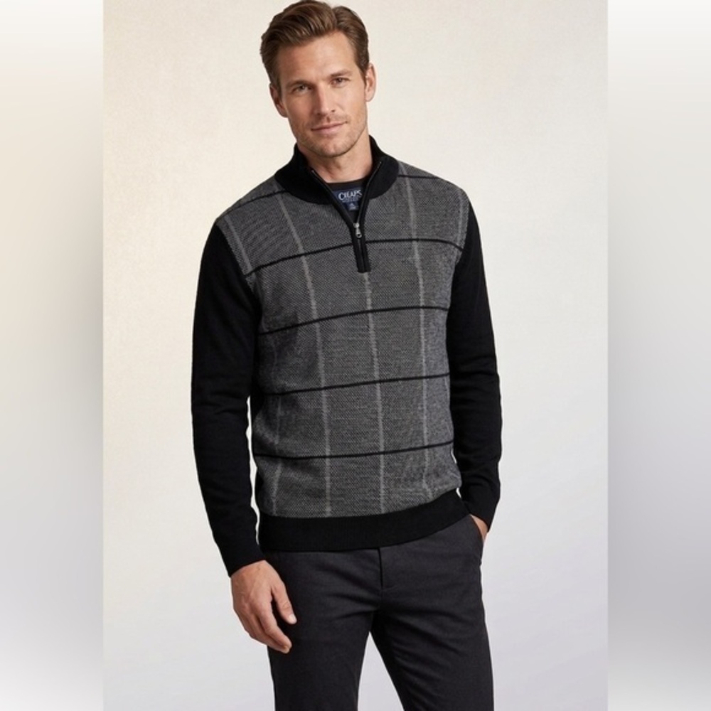 Le Chateau Black Plaid Quarter-Zip Sweater Size XL Cotton